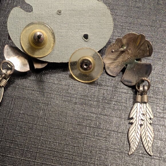 Vintage Southwest Style Sterling Silver Gemstone Inlay Heart & Feather Earrings - Picture 3 of 3